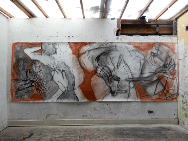 The Salsa Class, chalk and charcoal on paper, 4.2m x 1.5m, exhibited in Uneasy in the Frame, SAFEHOUSES 1 (2024)