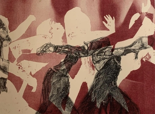 A lithograph that captures a still from the film 'Shadow Puppets' made in collaboration with Juanita Santife, dancer, and Marcus Pederson, musician.